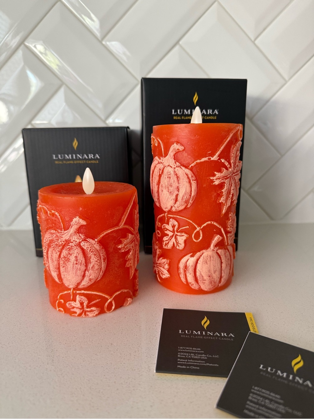 Luminara Harvest Pumpkin Embossed Flameless Candles Set of 2 NIB